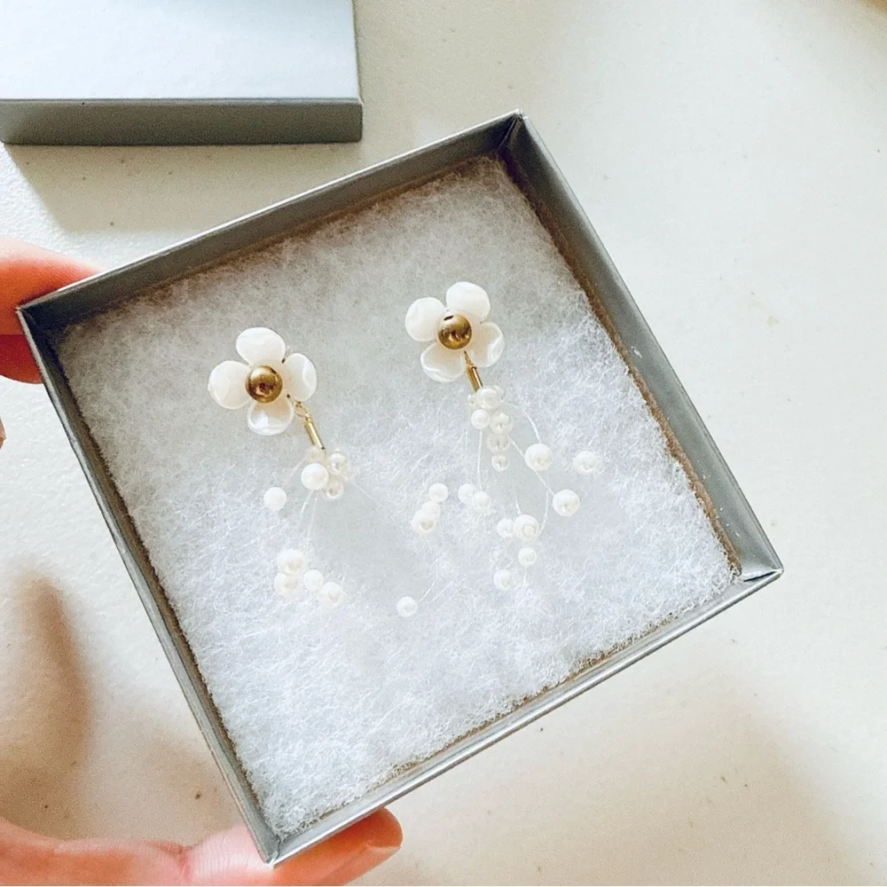 Elegant White Pearl Floral Earrings - Picture 1 of 4